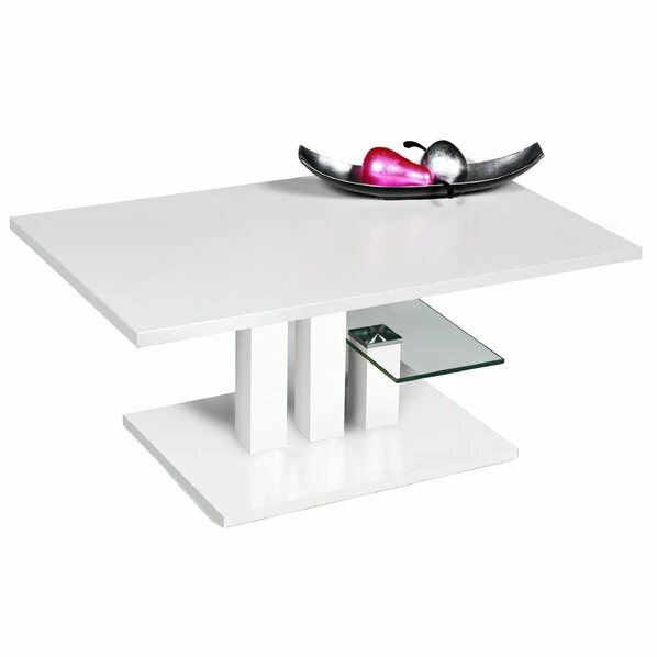 Couchtisch - Weiß - Holz - Glasablage - 107 Cm 3 Couchtisch - Weiß - Holz - Glasablage - 107 Cm