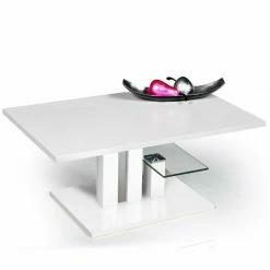 Couchtisch - Weiß - Holz - Glasablage - Höhenverstellbar - 107 Cm