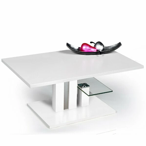 Couchtisch - Weiß - Holz - Glasablage - Höhenverstellbar - 107 Cm 3 Couchtisch - Weiß - Holz - Glasablage - Höhenverstellbar - 107 Cm