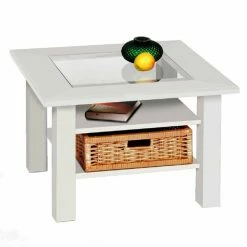 Couchtisch - Weiß - Holz - Mit Flechtkorb - 65 Cm