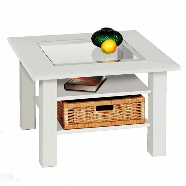 Couchtisch - Weiß - Holz - Mit Flechtkorb - 65 Cm 3 Couchtisch - Weiß - Holz - Mit Flechtkorb - 65 Cm