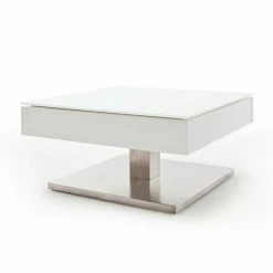 Couchtisch - Weiß Matt-Edelstahl - Stauraumfach - Säulengestell