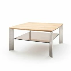 Couchtisch - Asteiche Massiv-Edelstahl - Glasablage - 80 Cm