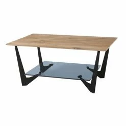 Couchtisch - Eiche Massiv-schwarz Matt - Glasablage - 90 Cm