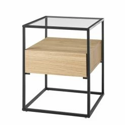 Beistelltisch - Eiche-schwarz - Glasplatte - Mit Schubkasten