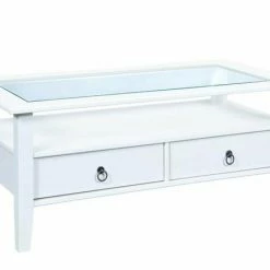 Couchtisch - Kiefer Massiv - Weiß - Glas - Mit Schubkästen
