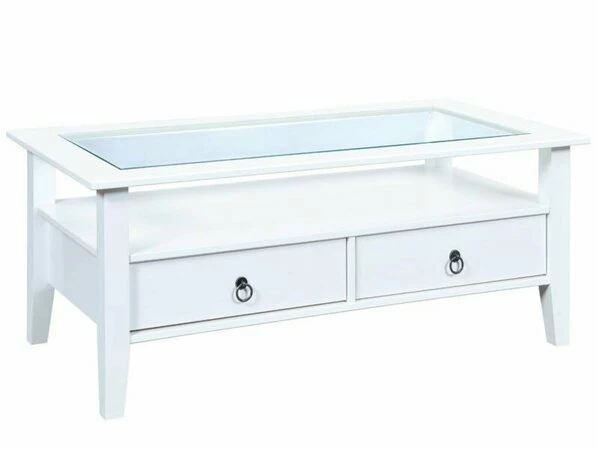 Couchtisch - Kiefer Massiv - Weiß - Glas - Mit Schubkästen 3 Couchtisch - Kiefer Massiv - Weiß - Glas - Mit Schubkästen